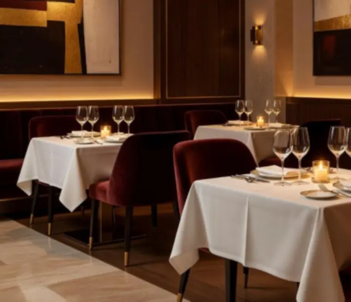 Intérieur élégant du restaurant avec tables nappées et éclairage tamisé